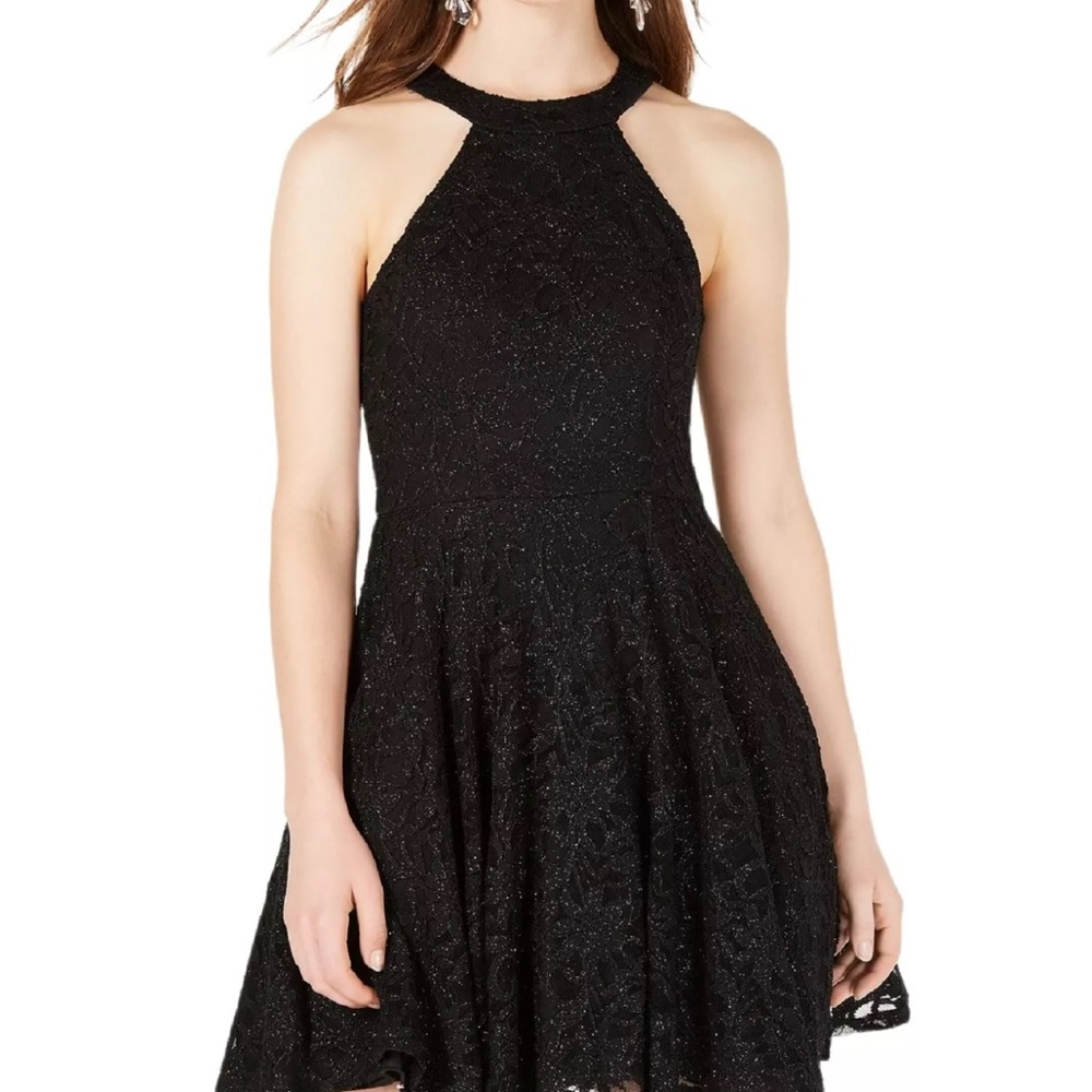 B Darlin Black Fit and Flare Mini Dress with Halter Neckline for Cocktail